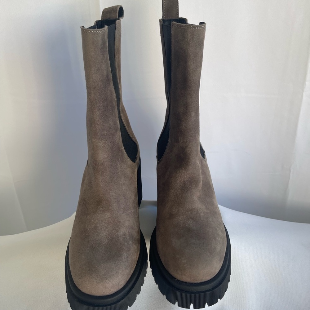 Women's Taupe Suede Chunky Chelsea Heeled Boots - Picture 3 of 13
